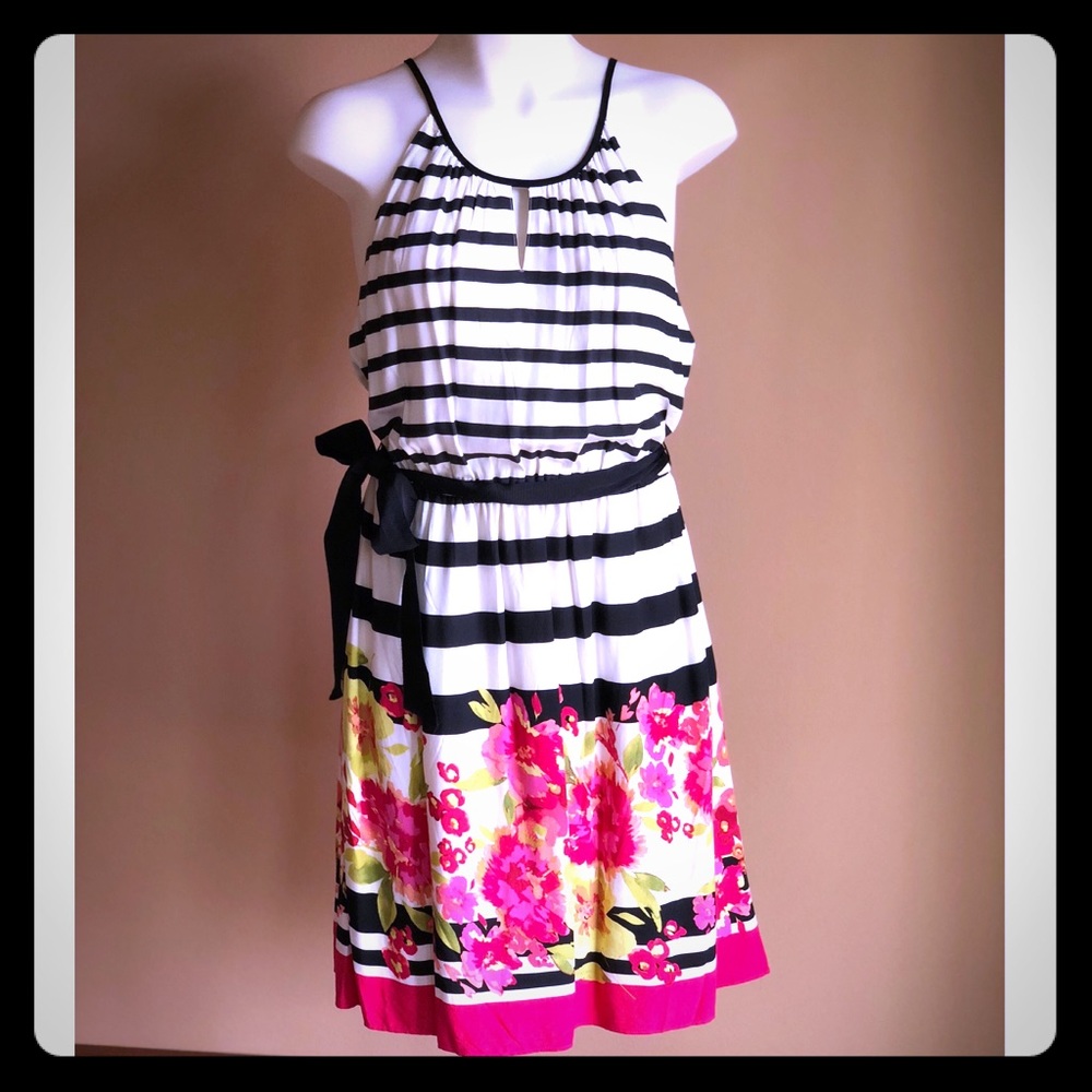 Black and White Striped & Floral Halter Sundress